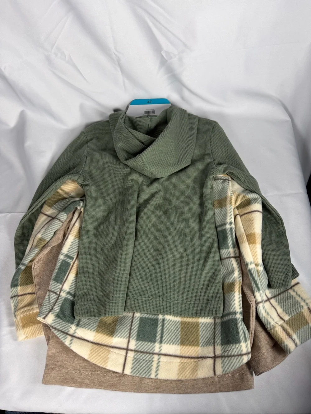 Olive Green Waffle Knit Funnel Neck Top with Plaid Trim